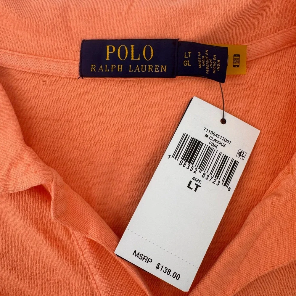Polo Ralph Lauren Polo Shirt Mens LT Pink Orange Cotton Linen V-Neck Pocket Logo